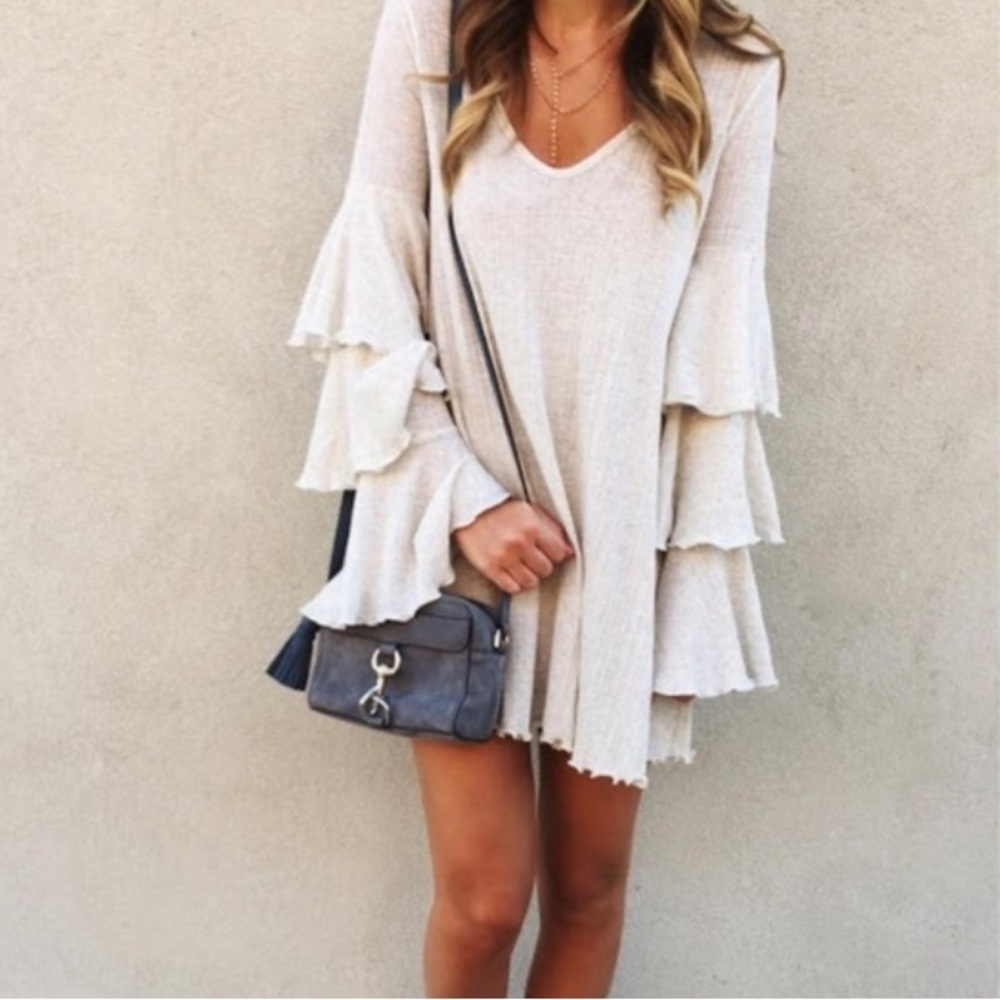 Free People Cream Layered Bell Sleeve Mini Dress